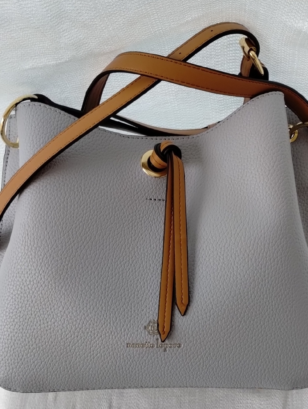 NWOT Nanette Lepore Faux Leather Bucket Bag in Light Blue with Tan Trim